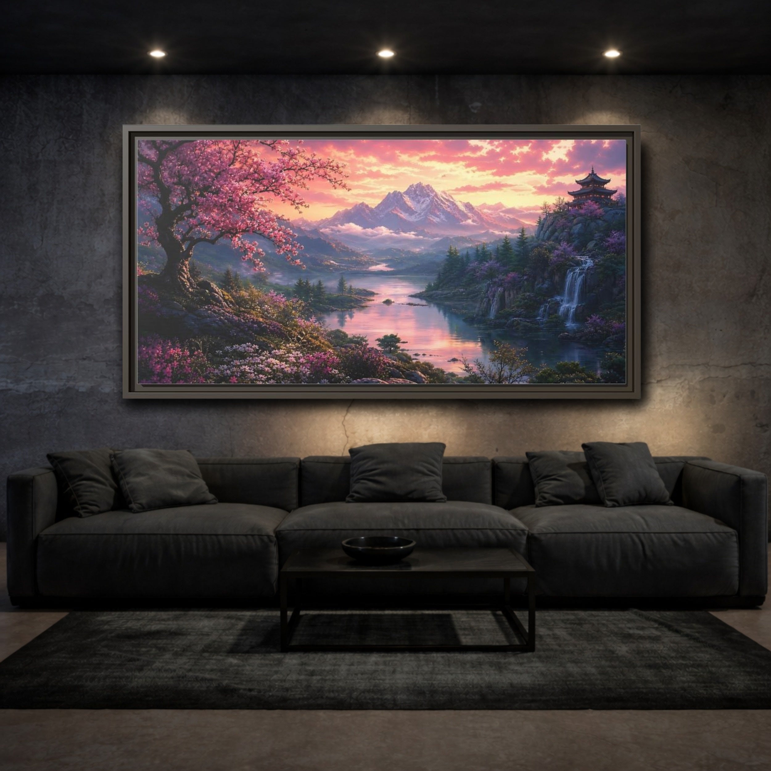 Mockup 3. Nature Cherry Blossoms Pink Cherry Blossom shown as stretched canvas wall art