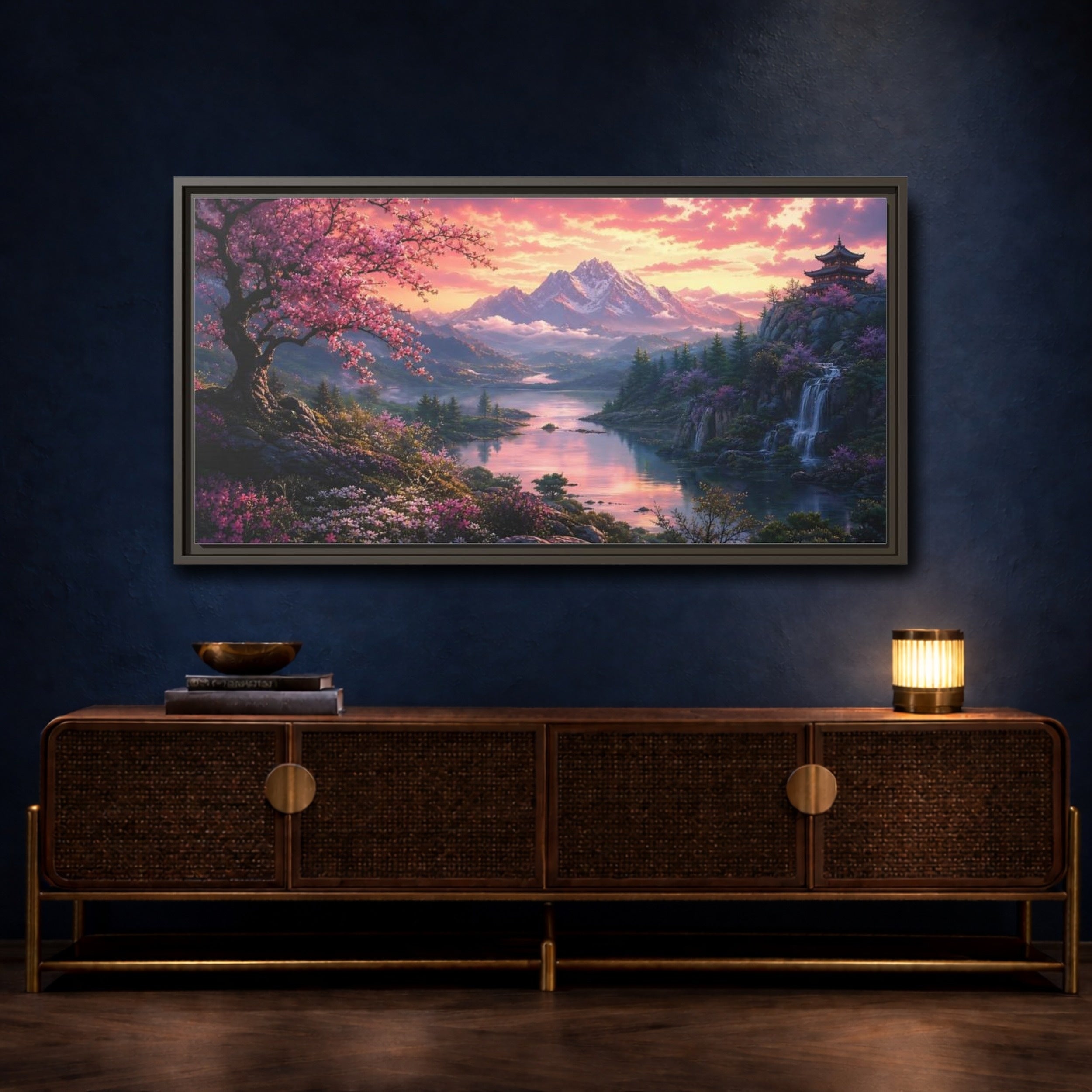 Mockup 4. Nature Cherry Blossoms Pink Cherry Blossom shown as stretched canvas wall art