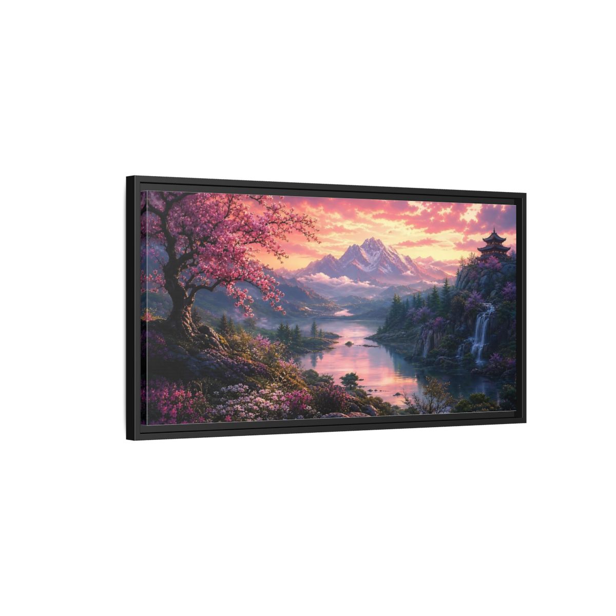Side Mockup 2. Nature Cherry Blossoms Pink Cherry Blossom shown as stretched canvas wall art