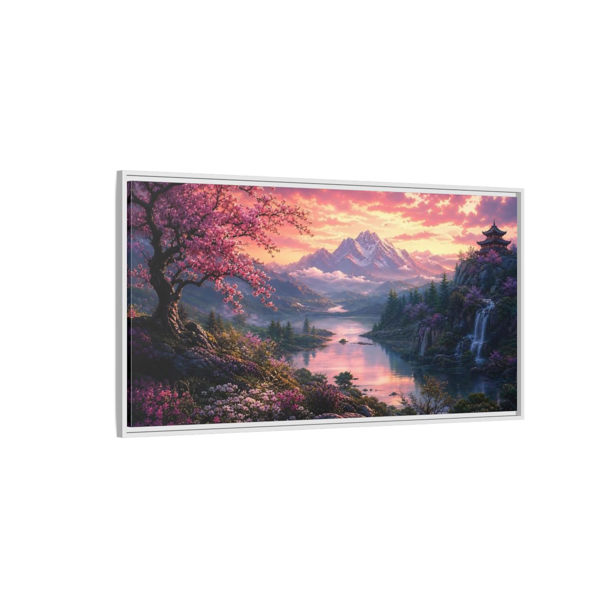 Side Mockup 3. Nature Cherry Blossoms Pink Cherry Blossom shown as stretched canvas wall art