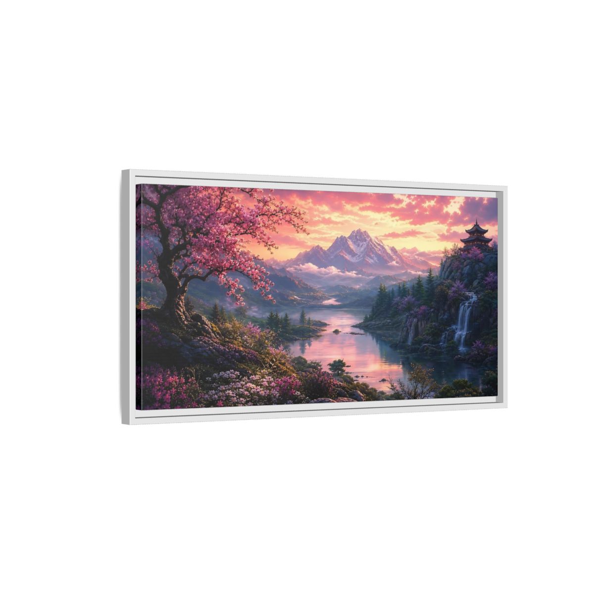 Side Mockup 1. Nature Cherry Blossoms Pink Cherry Blossom shown as stretched canvas wall art