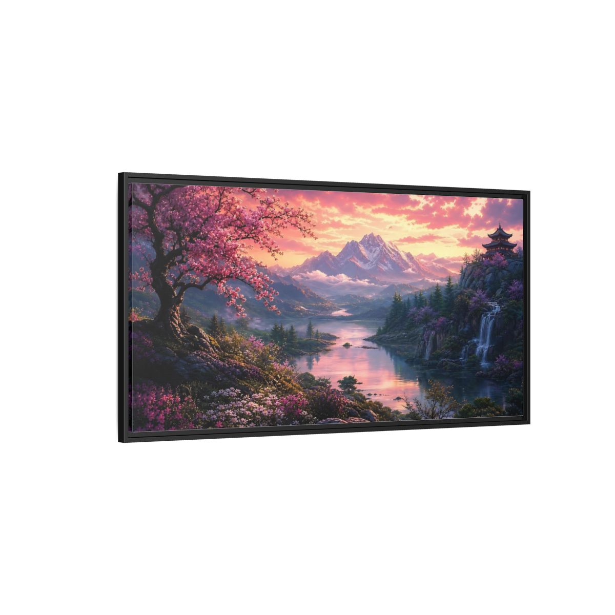 Side Mockup 5. Nature Cherry Blossoms Pink Cherry Blossom shown as stretched canvas wall art