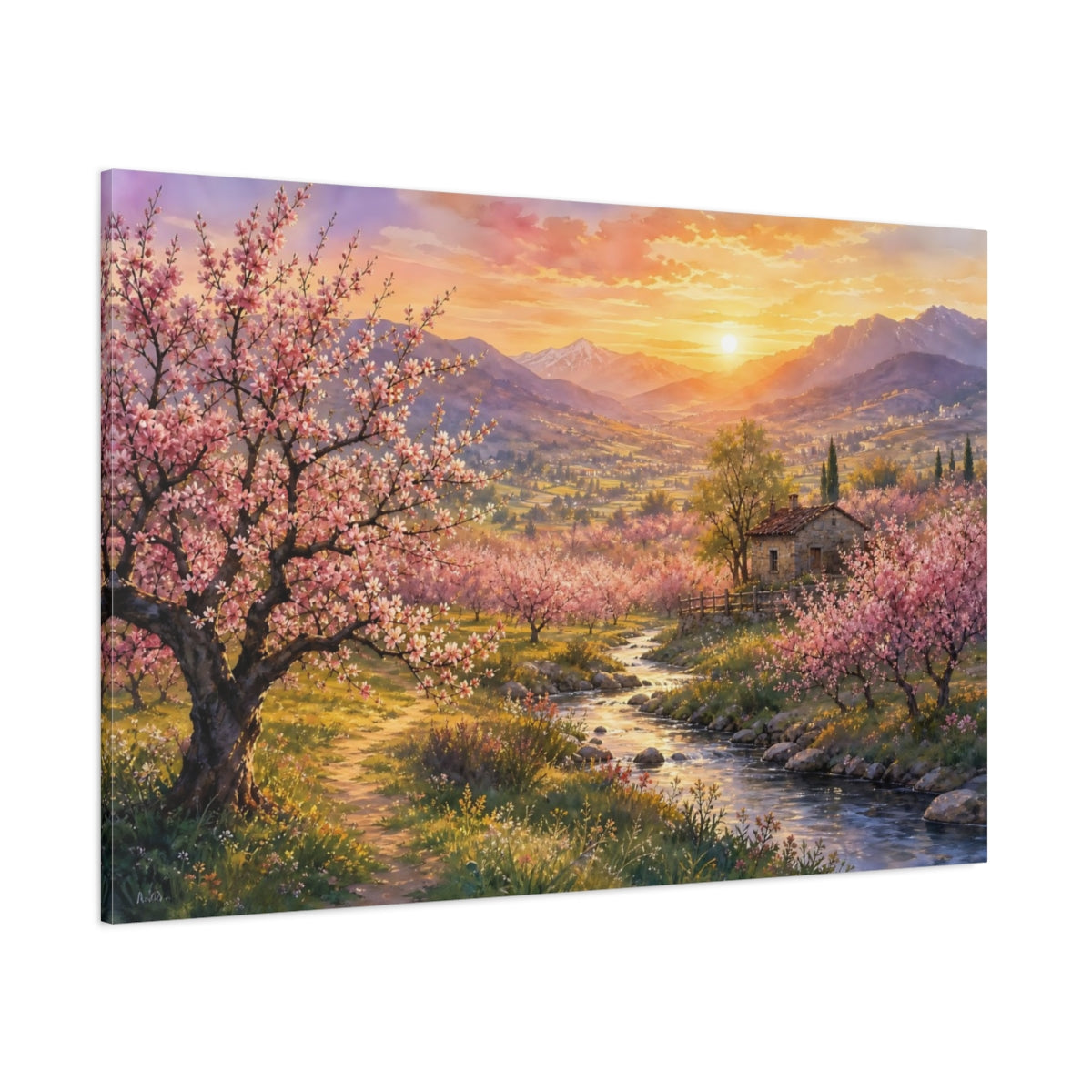 Side Mockup 1. Nature Cherry Blossoms Pink Blossoms Landscape shown as stretched canvas wall art