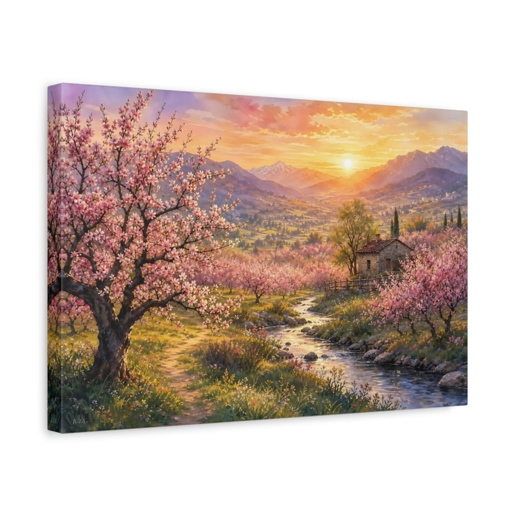 Side Mockup 4. Nature Cherry Blossoms Pink Blossoms Landscape shown as stretched canvas wall art