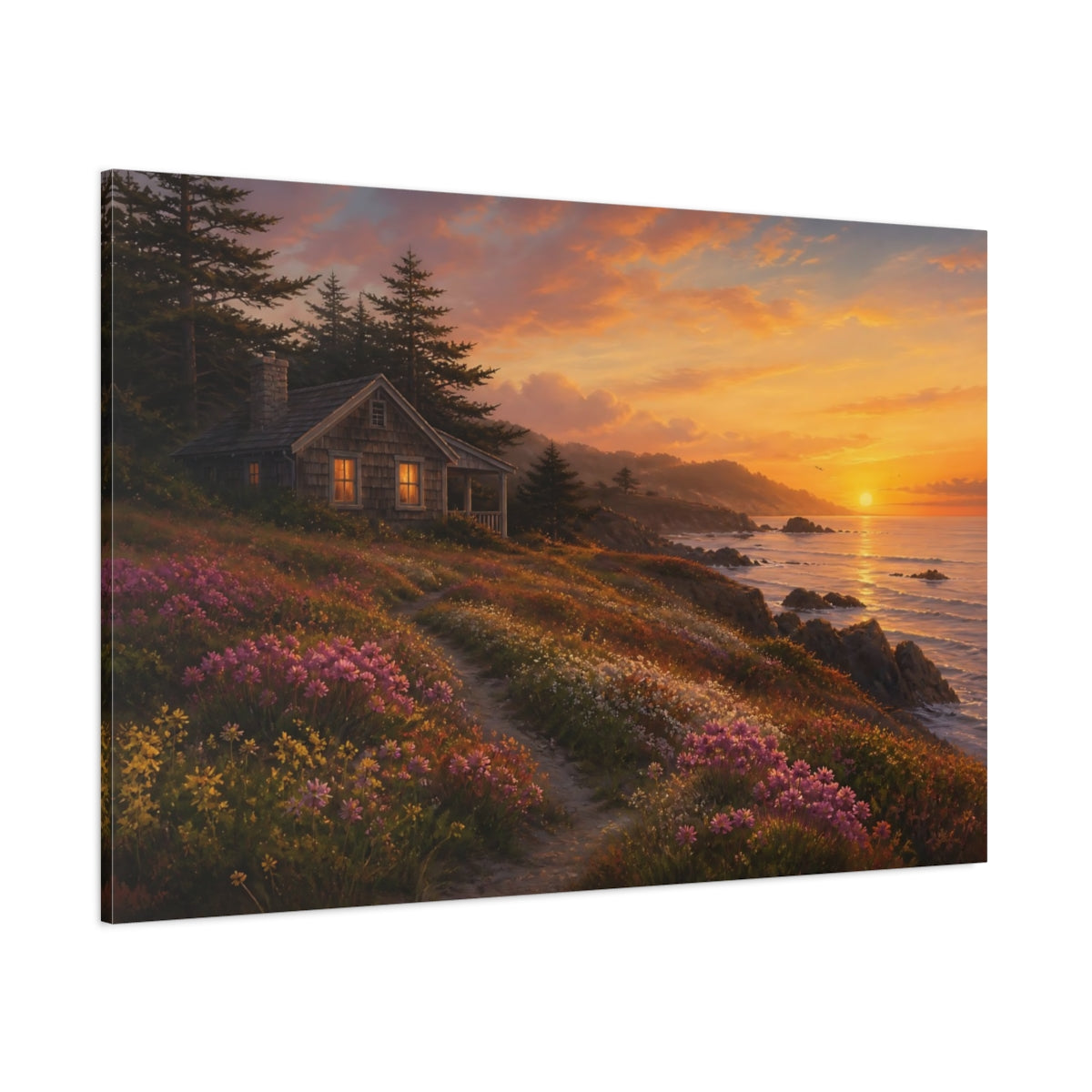 Side Mockup 1. Nature Coastal Cabin Warm Coastal shown as stretched canvas wall art