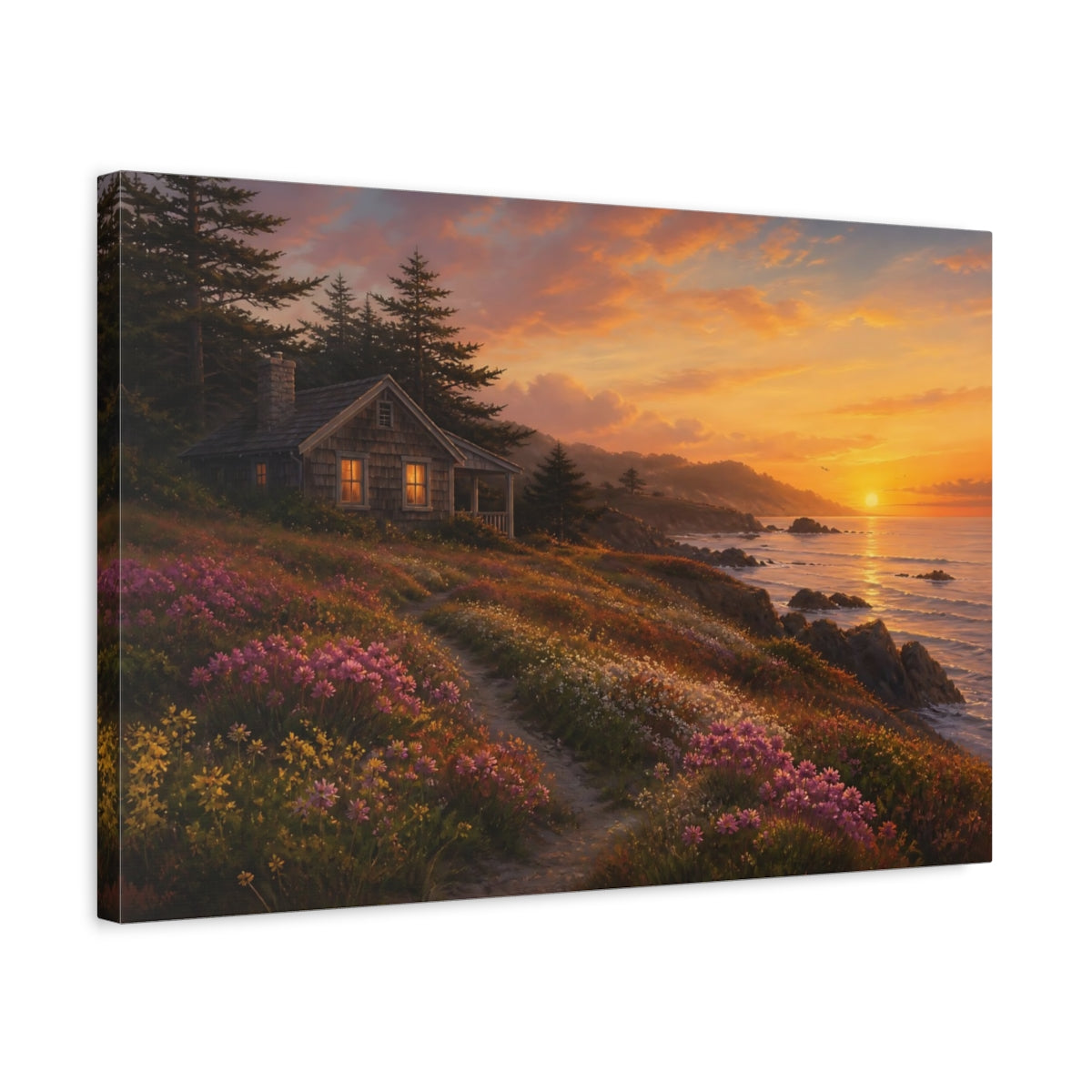 Side Mockup 3. Nature Coastal Cabin Warm Coastal shown as stretched canvas wall art