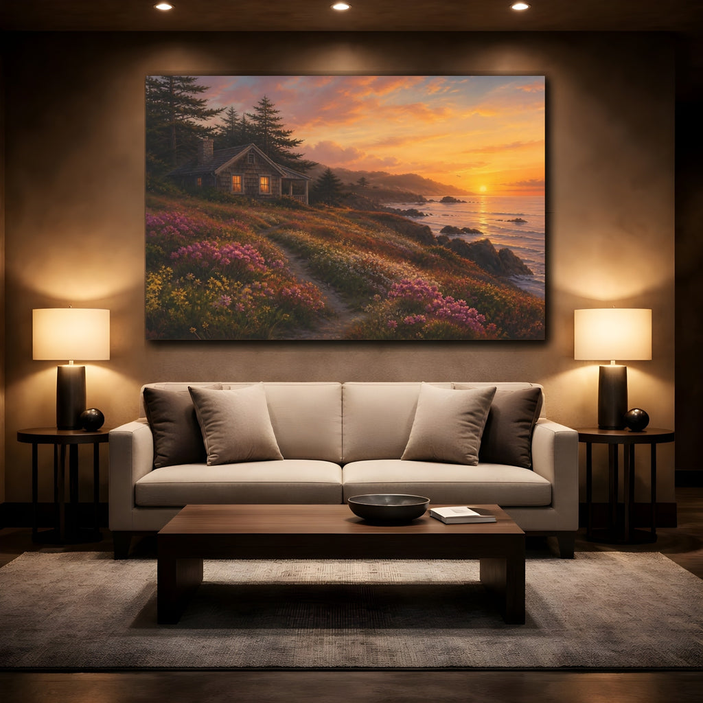 Mockup 2. Nature Coastal Cabin Warm Coastal shown as stretched canvas wall art
