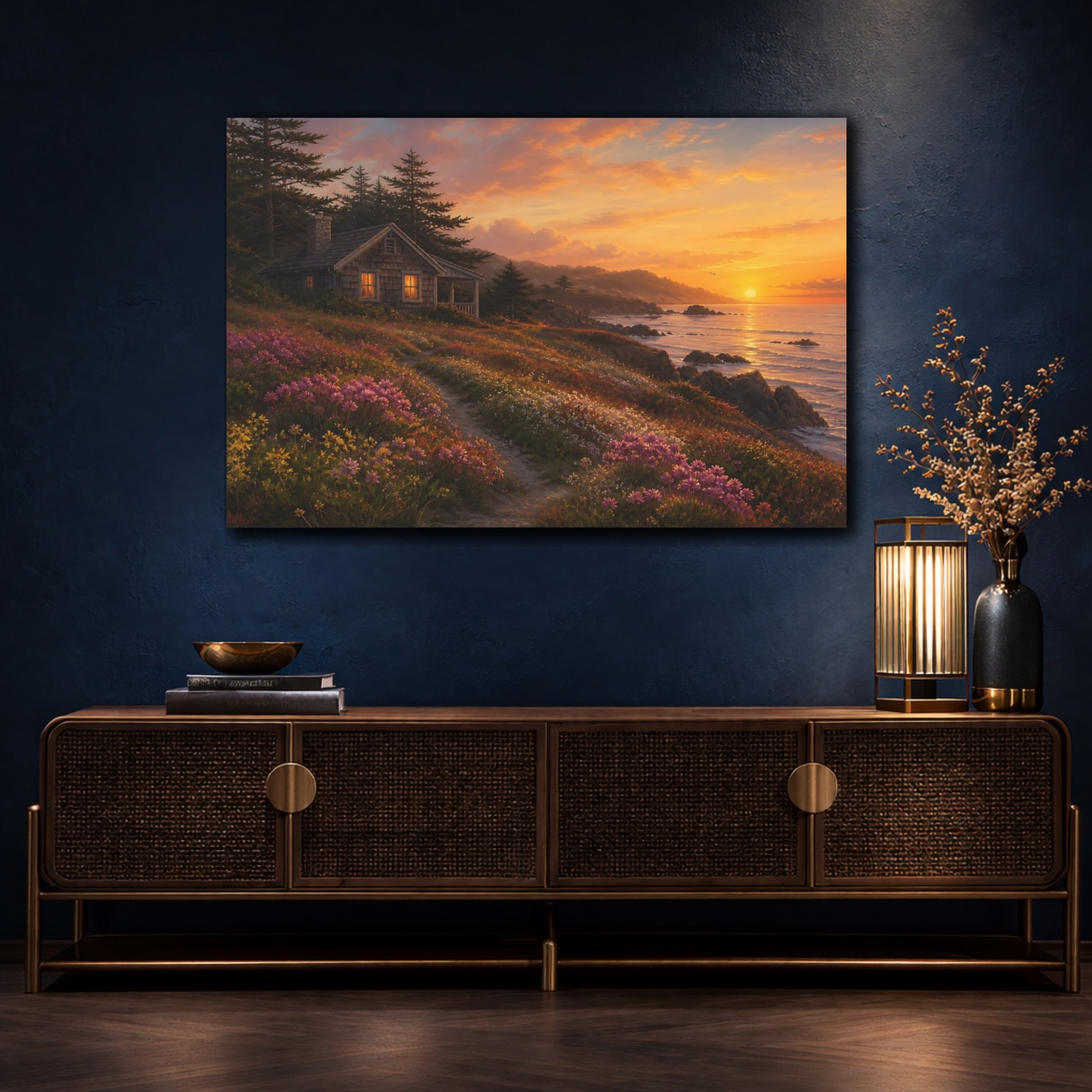 Mockup 4. Nature Coastal Cabin Warm Coastal shown as stretched canvas wall art