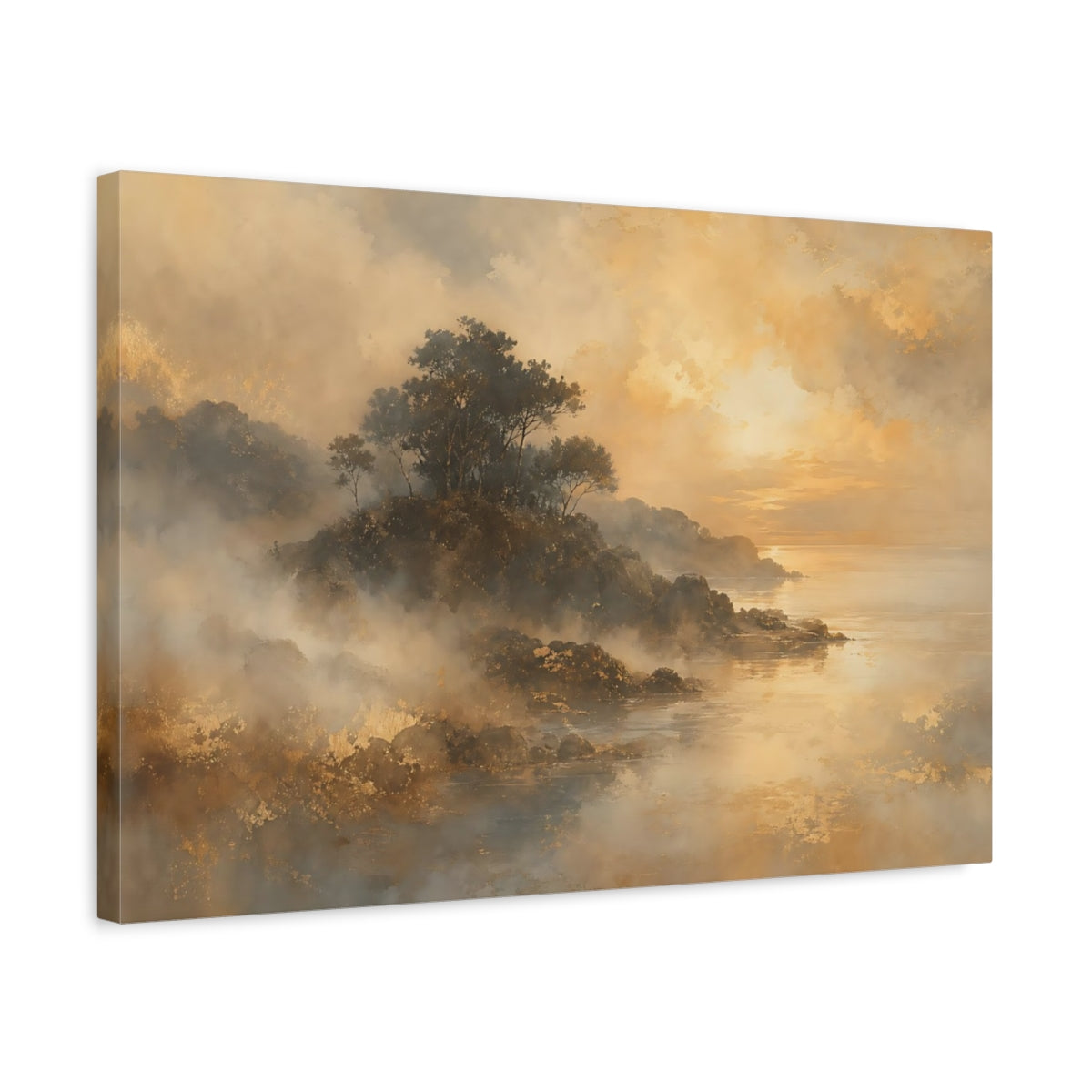 Side Mockup 3. Nature Coastal Landscape Golden Hues shown as stretched canvas wall art