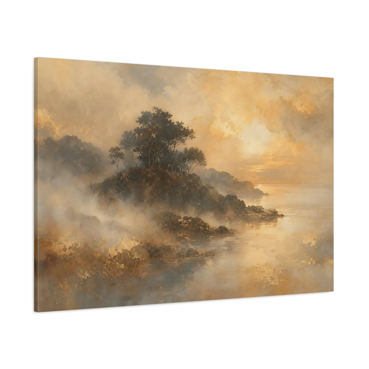 Side Mockup 1. Nature Coastal Landscape Golden Hues shown as stretched canvas wall art