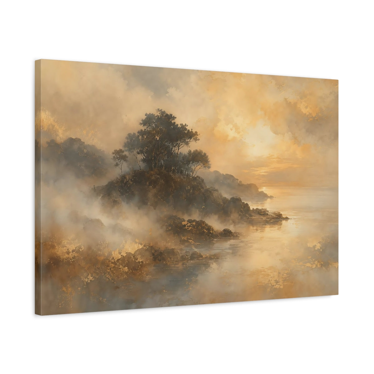 Side Mockup 2. Nature Coastal Landscape Golden Hues shown as stretched canvas wall art