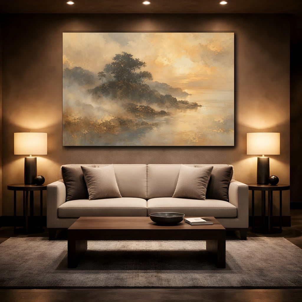 Mockup 2. Nature Coastal Landscape Golden Hues shown as stretched canvas wall art