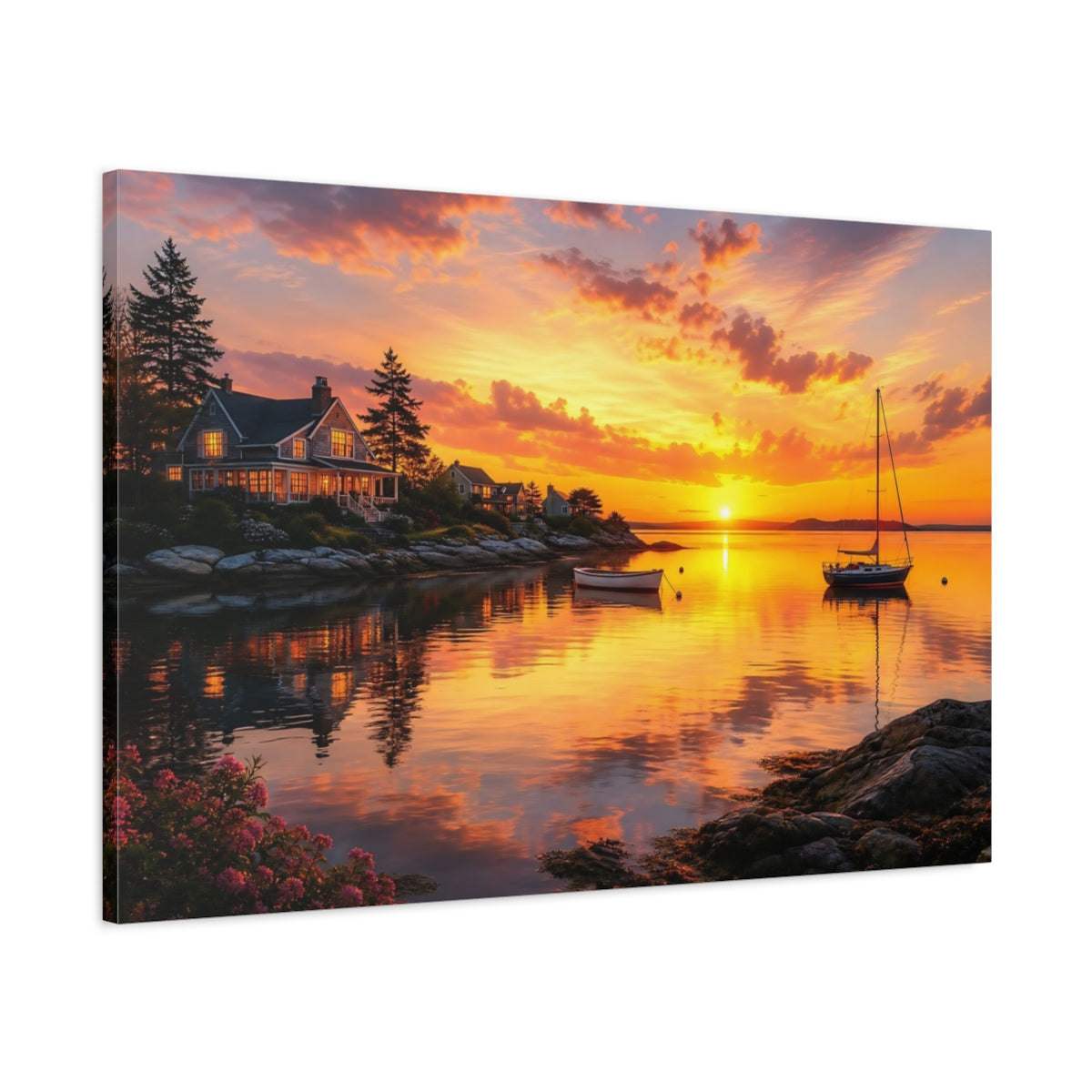 Main Mockup. Nature Coastal Sunset Orange And Gold shown as canvas print