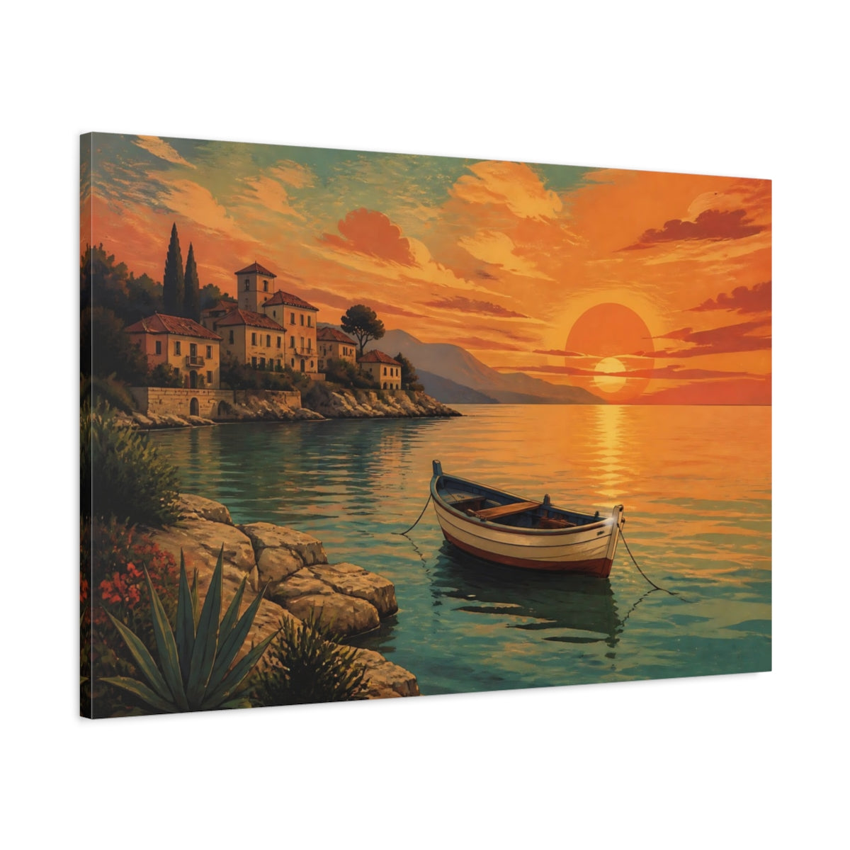 Main Mockup. Nature Coastal Sunset Orange Teal shown as canvas print