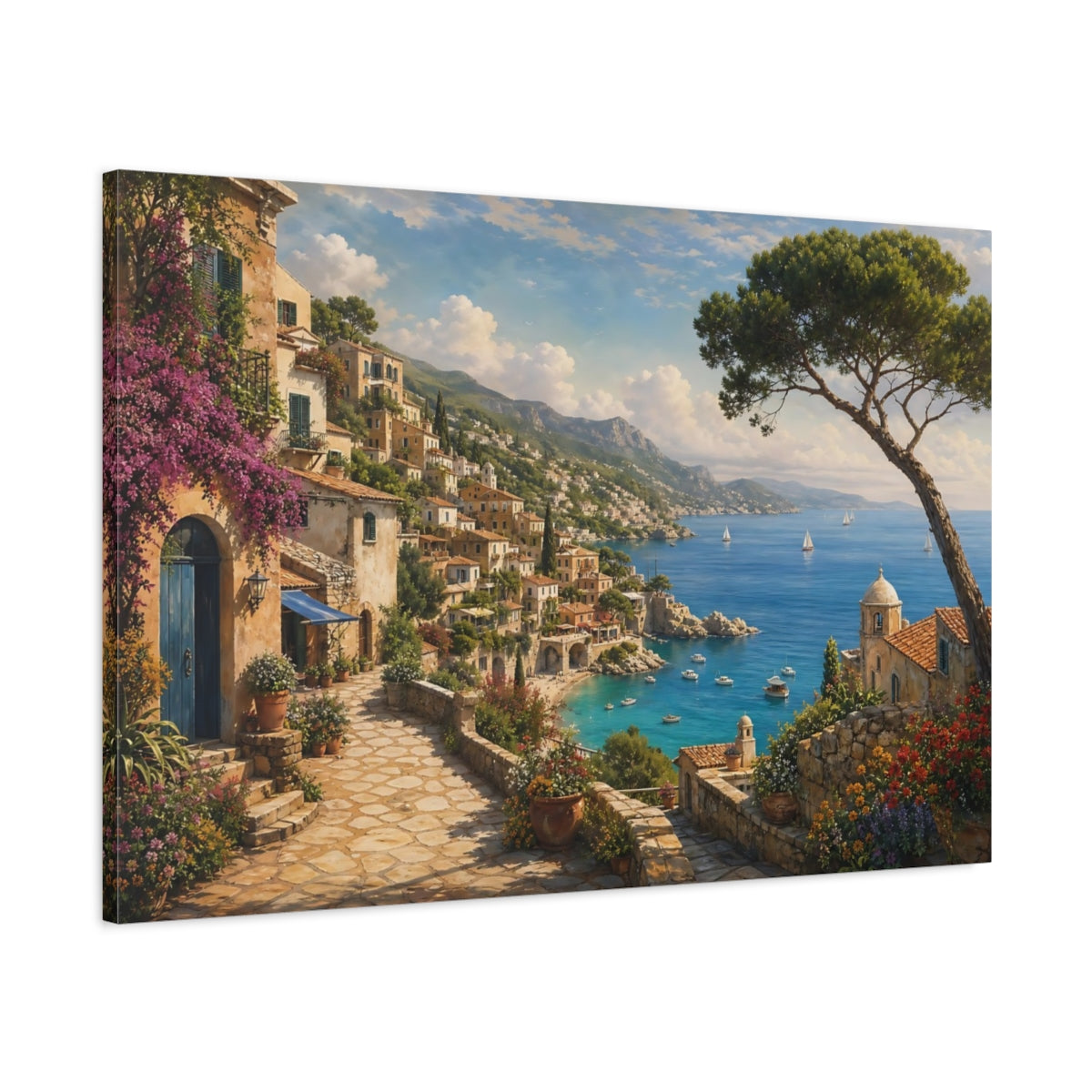 Main Mockup. Nature Coastal Town Mediterranean Coastal View shown as stretched canvas wall art