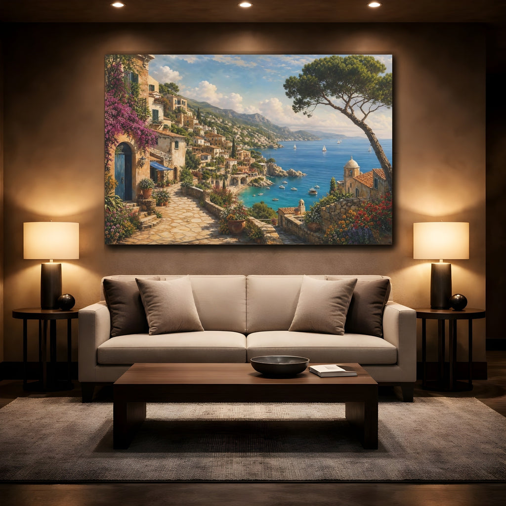 Mockup 2. Nature Coastal Town Mediterranean Coastal View shown as stretched canvas wall art