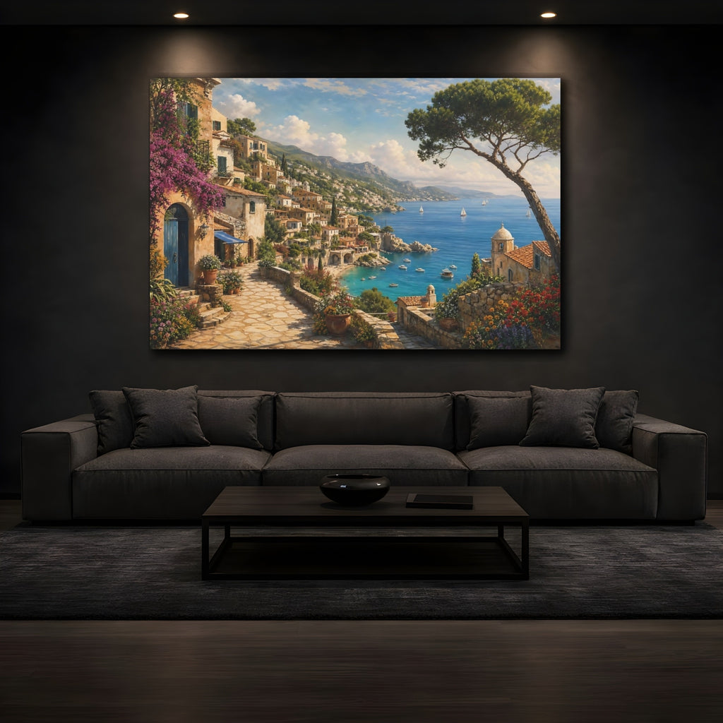 Mockup 3. Nature Coastal Town Mediterranean Coastal View shown as stretched canvas wall art