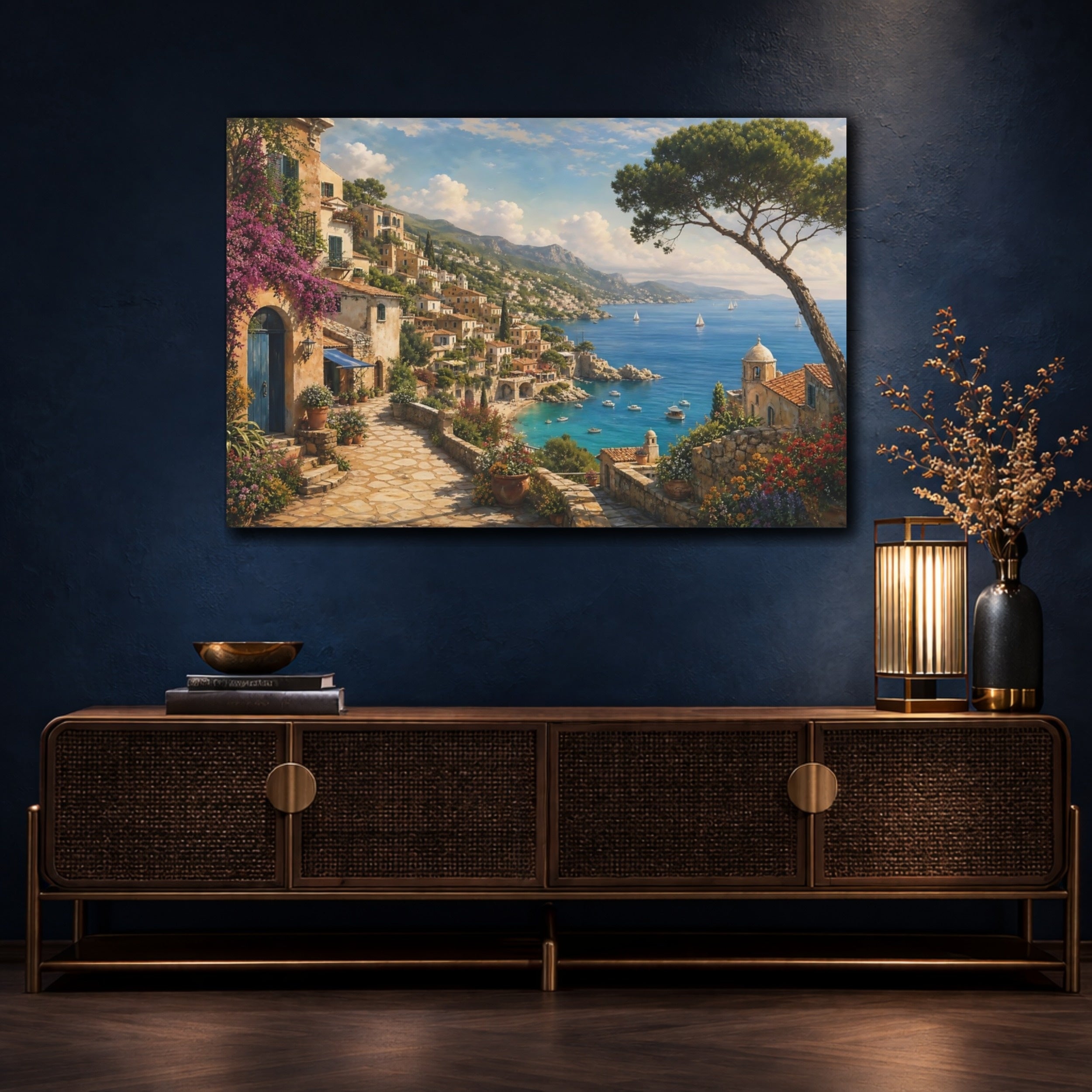 Mockup 4. Nature Coastal Town Mediterranean Coastal View shown as stretched canvas wall art
