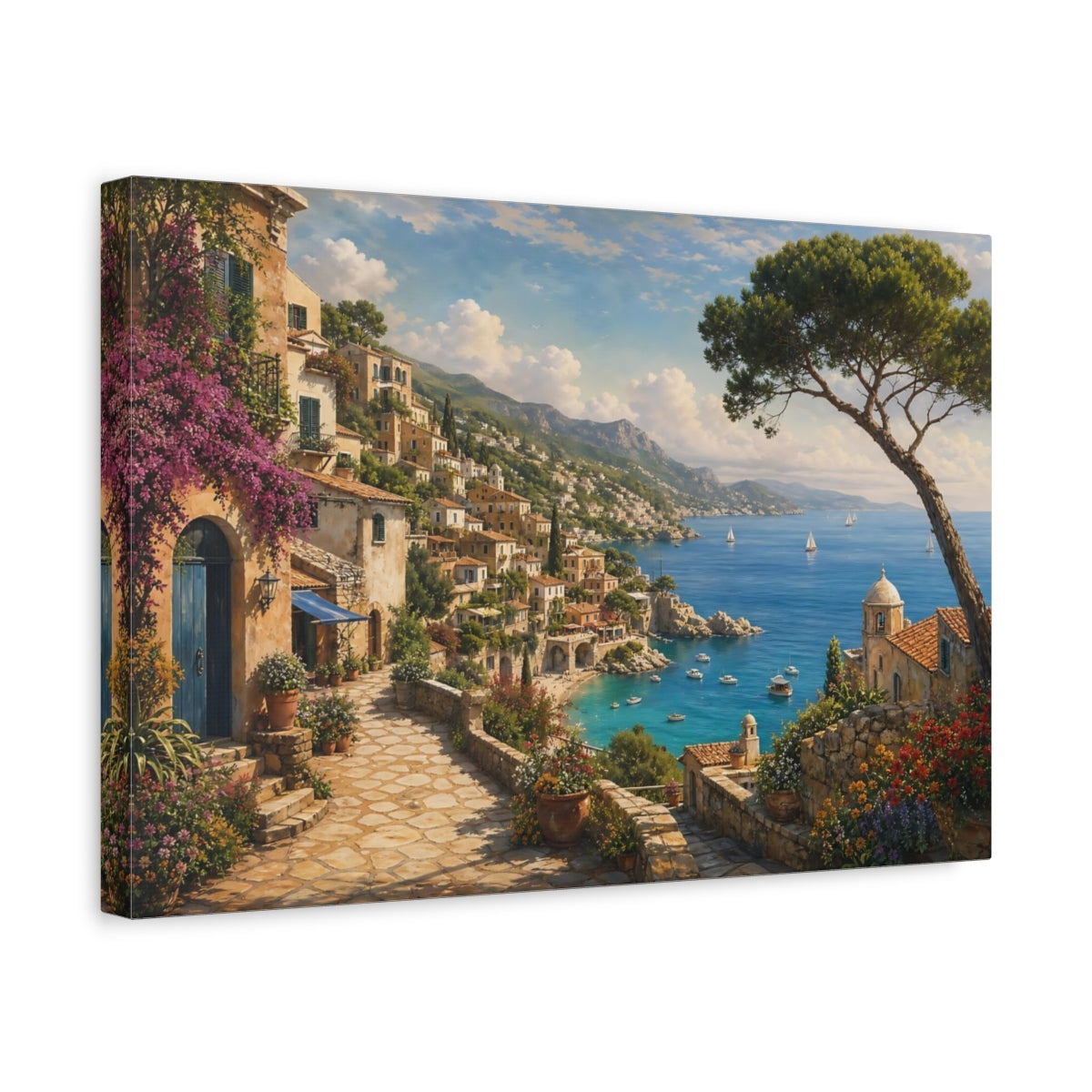 Side Mockup 4. Nature Coastal Town Mediterranean Coastal View shown as stretched canvas wall art