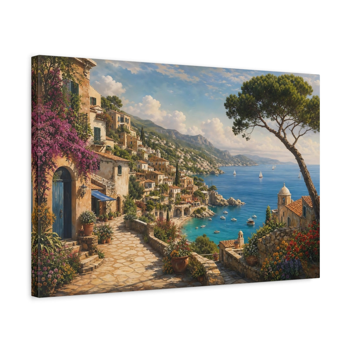 Side Mockup 3. Nature Coastal Town Mediterranean Coastal View shown as stretched canvas wall art