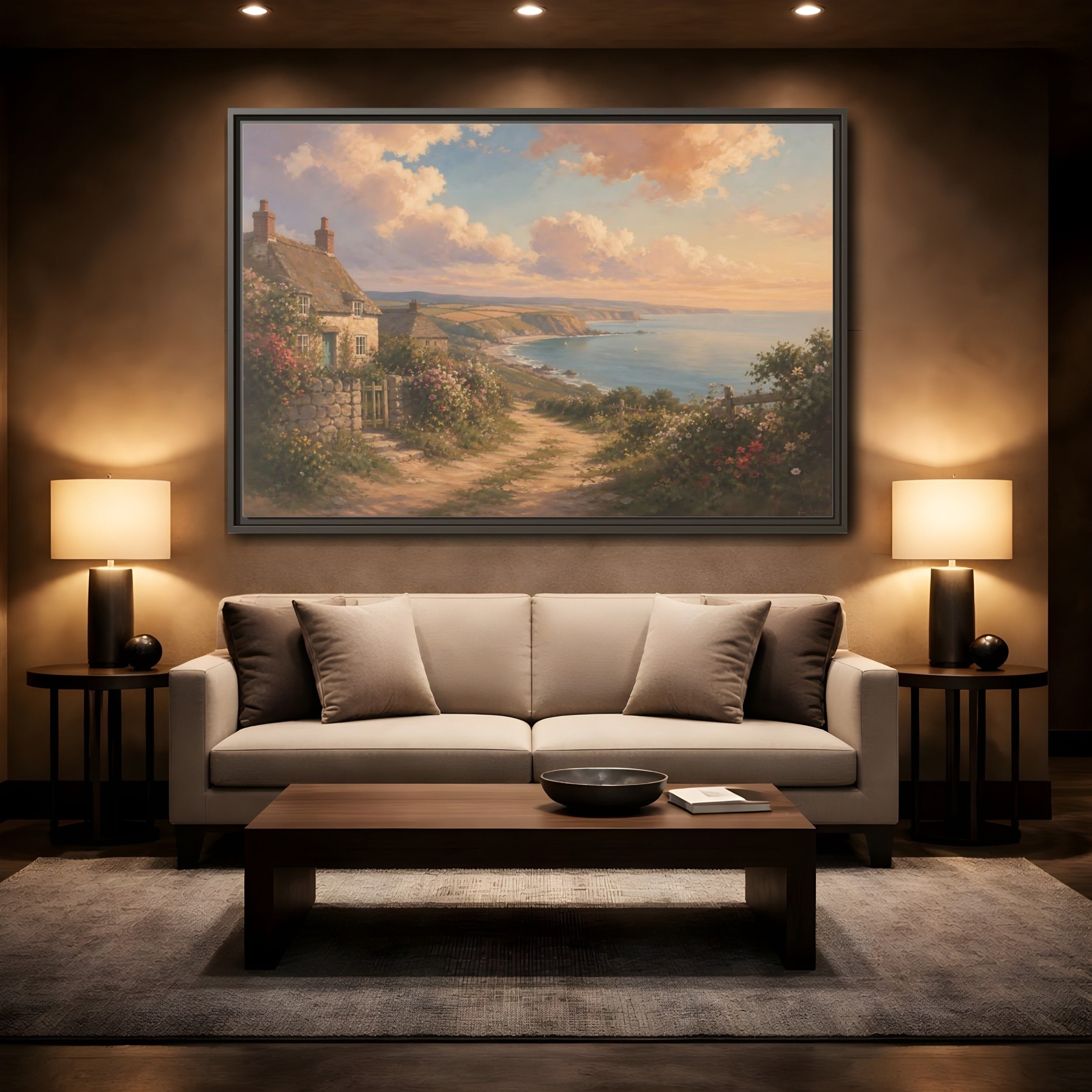 Mockup 2. Nature Coastal Village Coastal Sunset shown as stretched canvas wall art