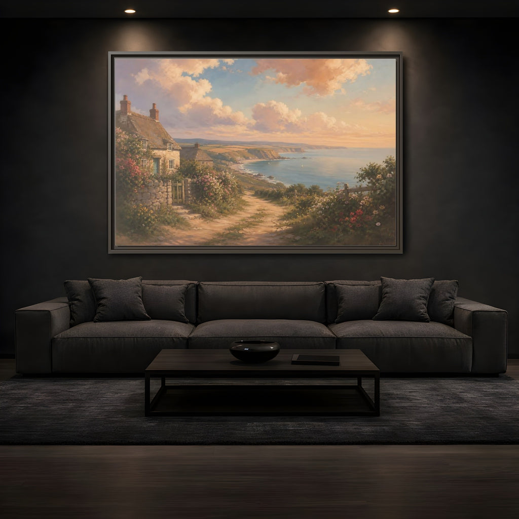 Mockup 3. Nature Coastal Village Coastal Sunset shown as stretched canvas wall art
