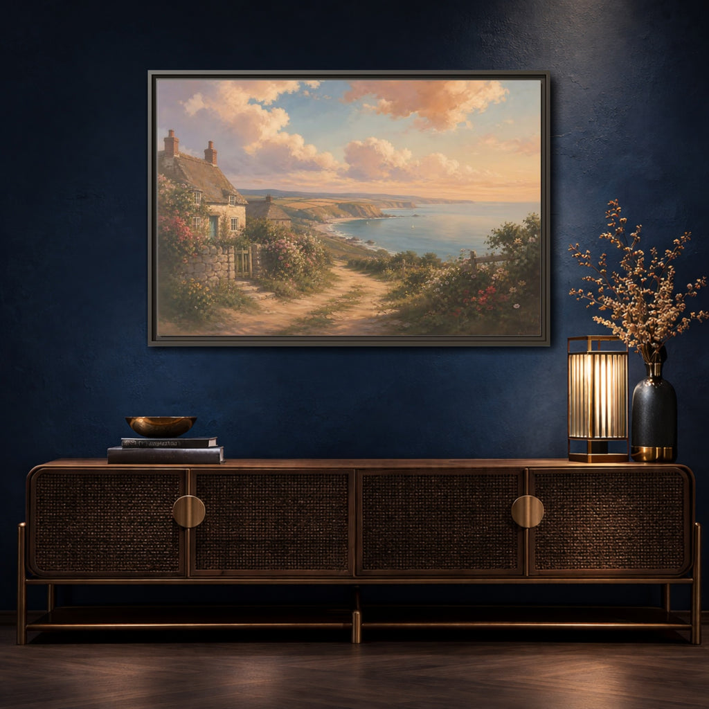 Mockup 4. Nature Coastal Village Coastal Sunset shown as stretched canvas wall art