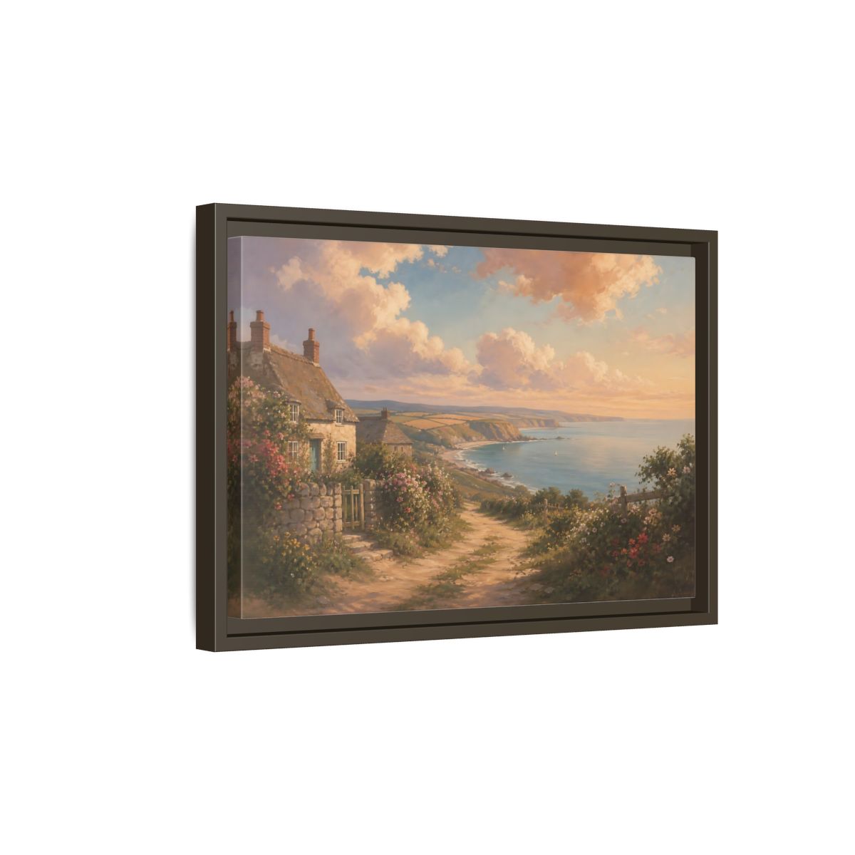 Side Mockup 5. Nature Coastal Village Coastal Sunset shown as stretched canvas wall art