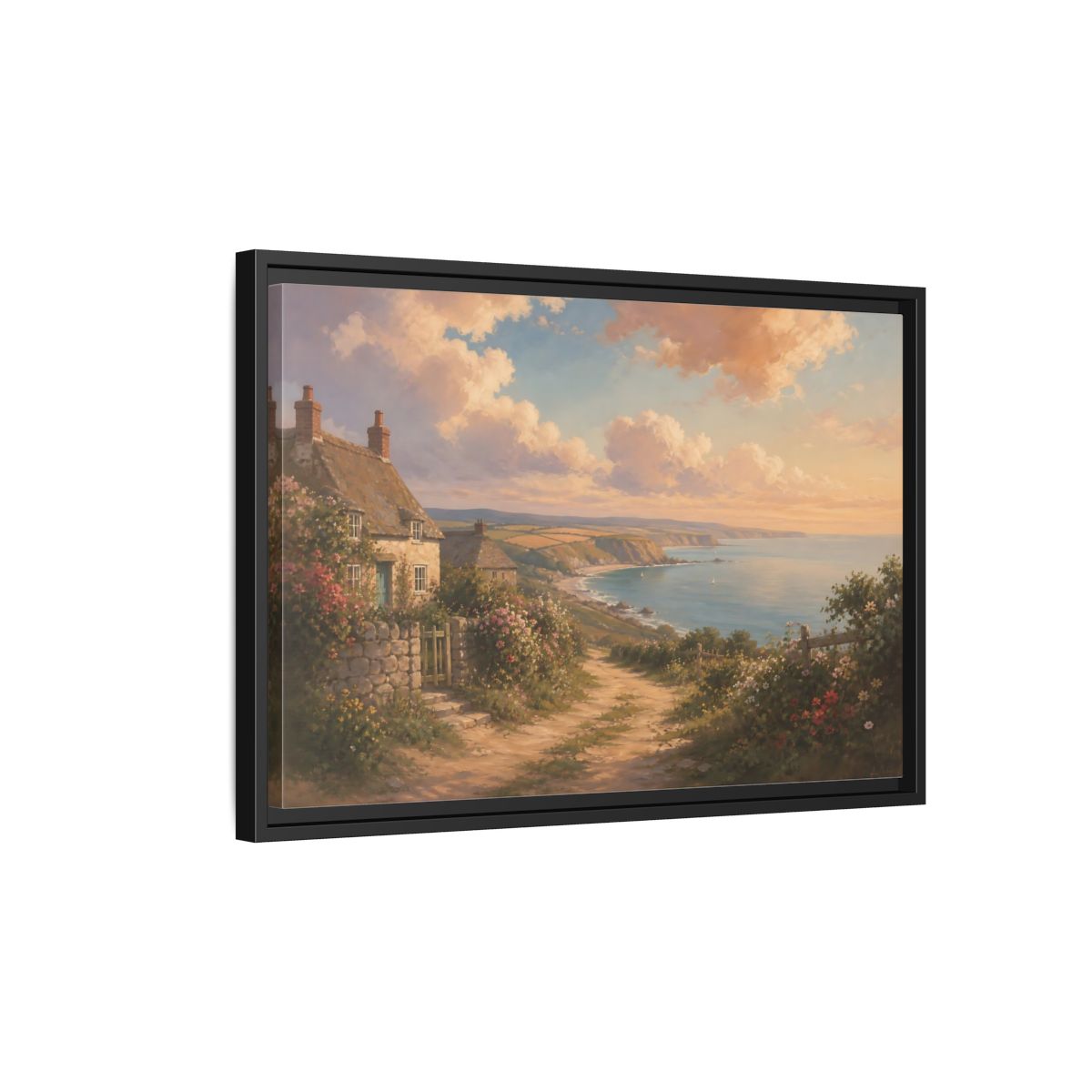 Side Mockup 3. Nature Coastal Village Coastal Sunset shown as stretched canvas wall art