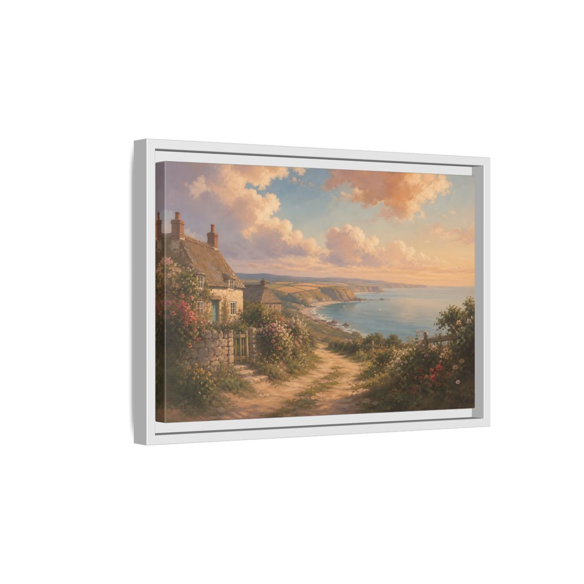 Side Mockup 4. Nature Coastal Village Coastal Sunset shown as stretched canvas wall art