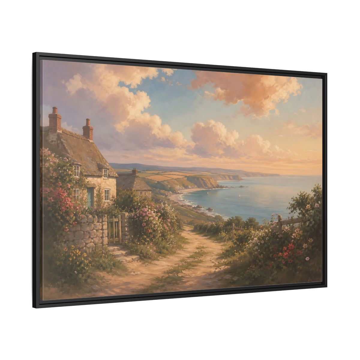 Side Mockup 12. Nature Coastal Village Coastal Sunset shown as stretched canvas wall art