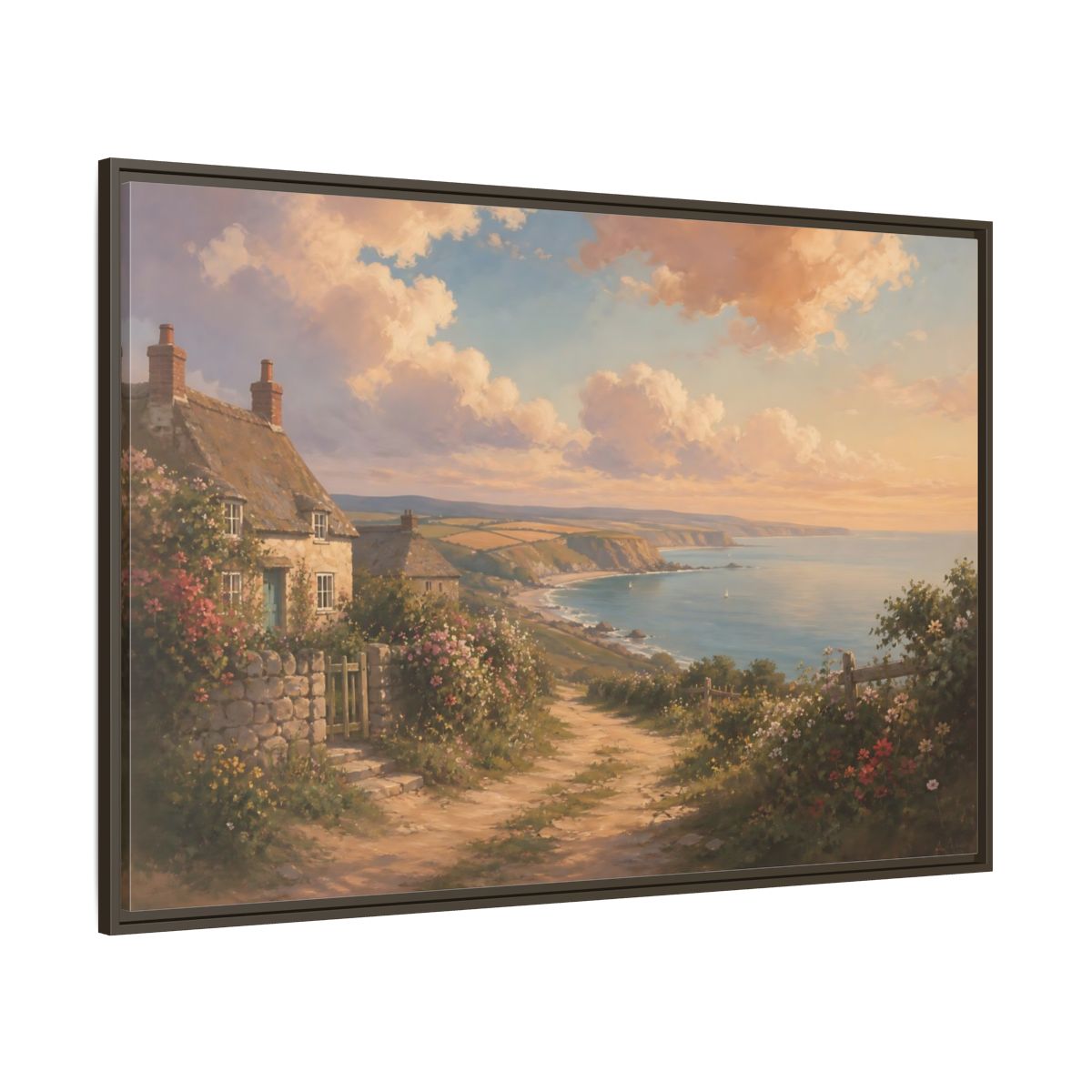 Side Mockup 8. Nature Coastal Village Coastal Sunset shown as stretched canvas wall art