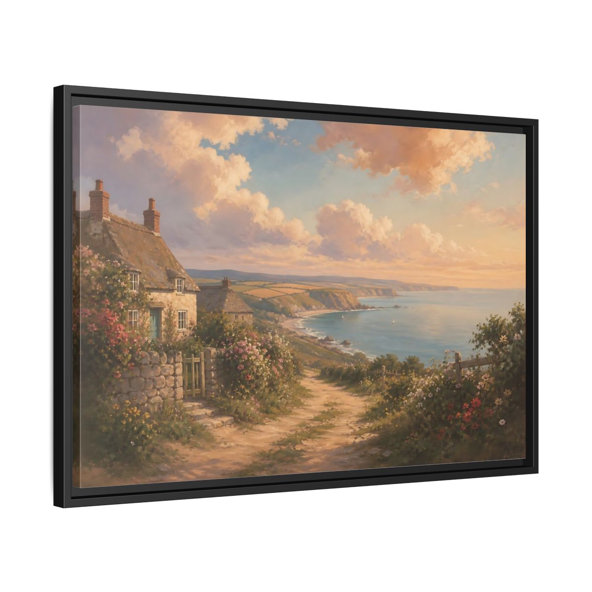 Side Mockup 14. Nature Coastal Village Coastal Sunset shown as stretched canvas wall art