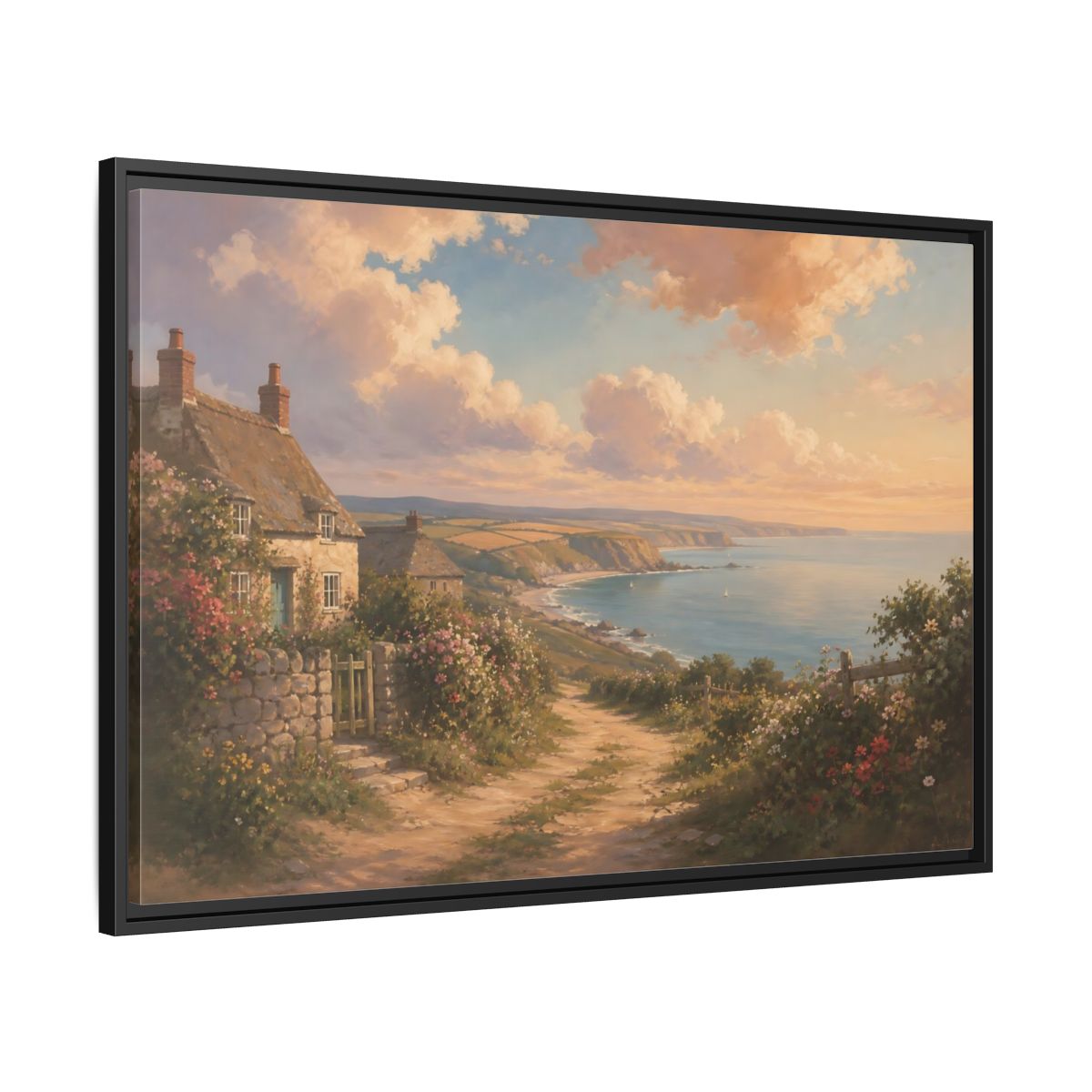 Side Mockup 13. Nature Coastal Village Coastal Sunset shown as stretched canvas wall art