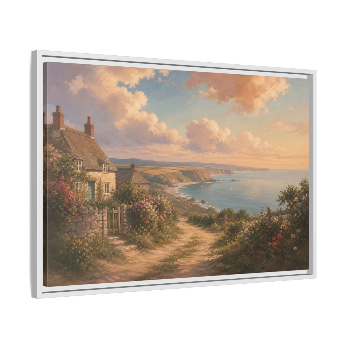 Side Mockup 10. Nature Coastal Village Coastal Sunset shown as stretched canvas wall art