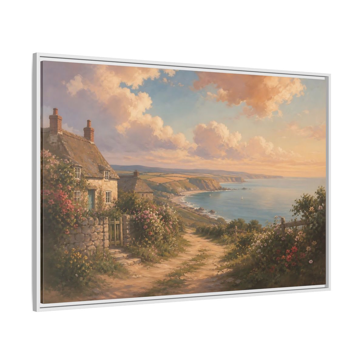 Side Mockup 7. Nature Coastal Village Coastal Sunset shown as stretched canvas wall art
