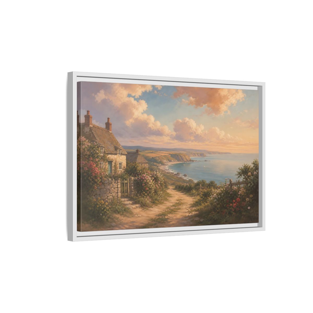 Side Mockup 1. Nature Coastal Village Coastal Sunset shown as stretched canvas wall art