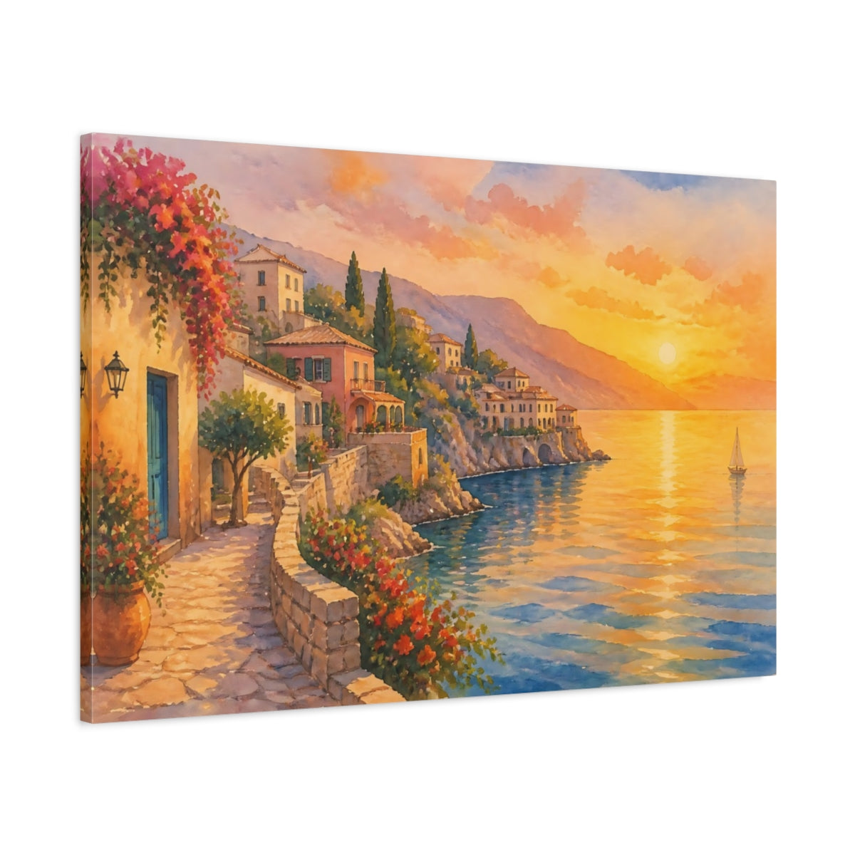Main Mockup. Nature Coastal Village Warm Coastal Sunset shown as canvas print