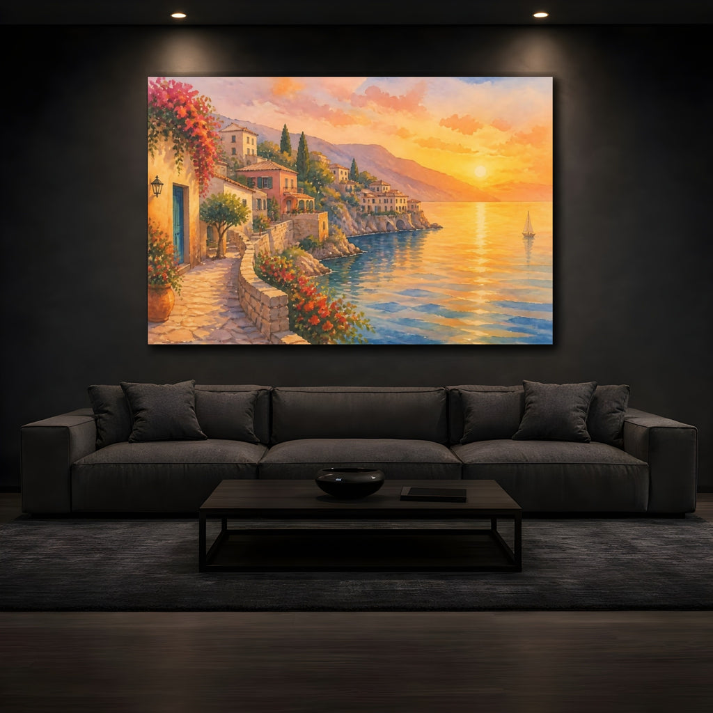 Mockup 3. Nature Coastal Village Warm Coastal Sunset shown as canvas print