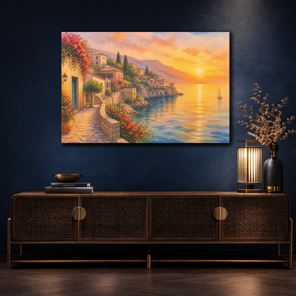 Mockup 4. Nature Coastal Village Warm Coastal Sunset shown as canvas print