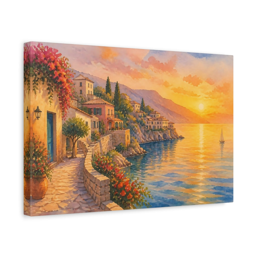 Side Mockup 4. Nature Coastal Village Warm Coastal Sunset shown as canvas print