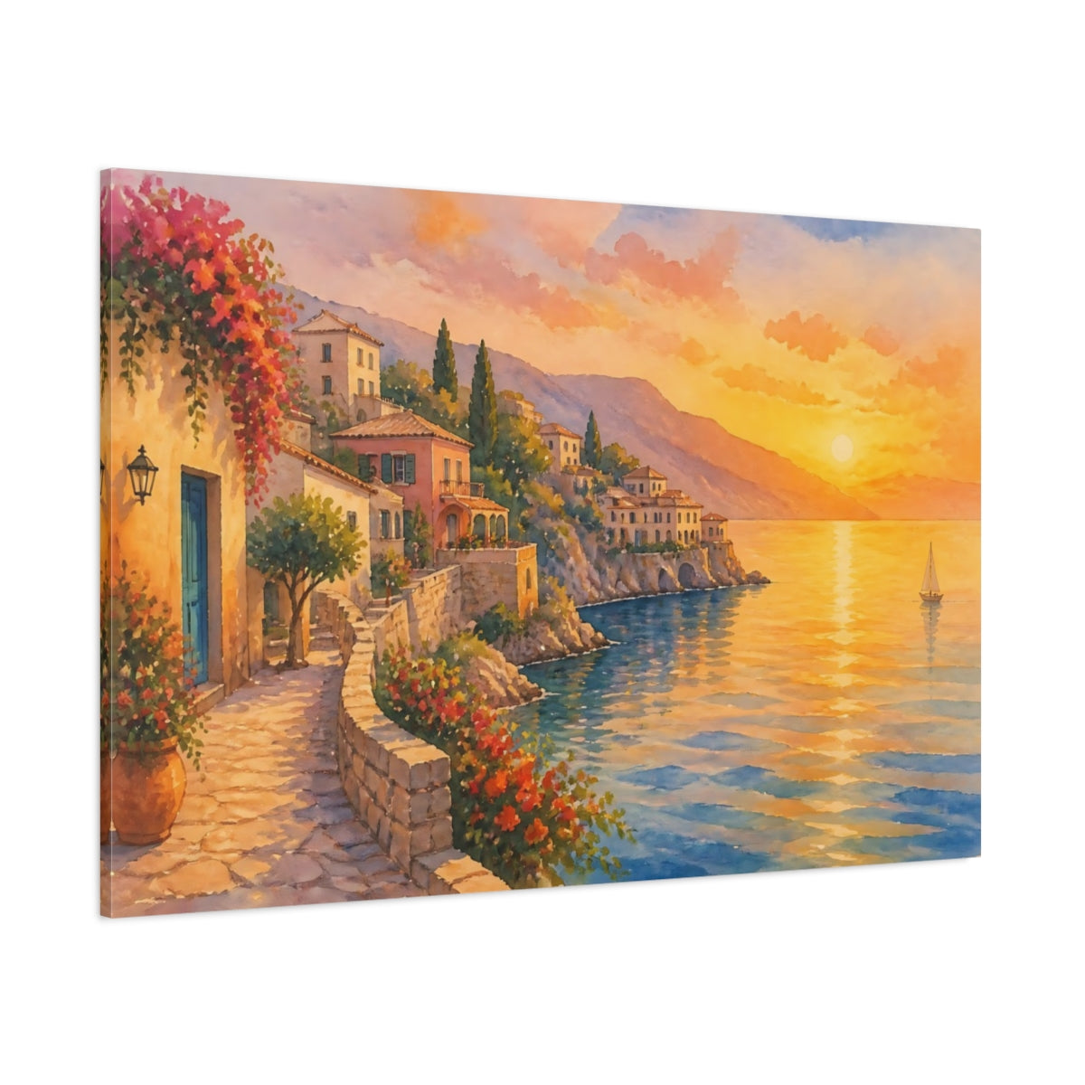 Side Mockup 1. Nature Coastal Village Warm Coastal Sunset shown as canvas print