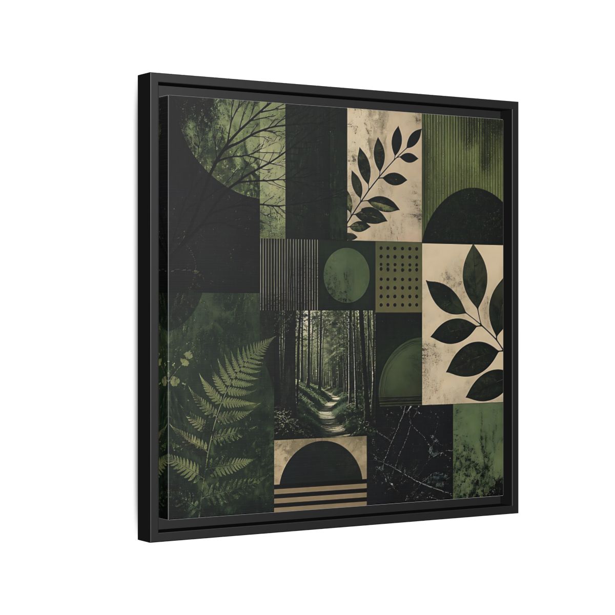 Side Mockup 12. Nature Nature Collage Green And Black shown as stretched canvas wall art