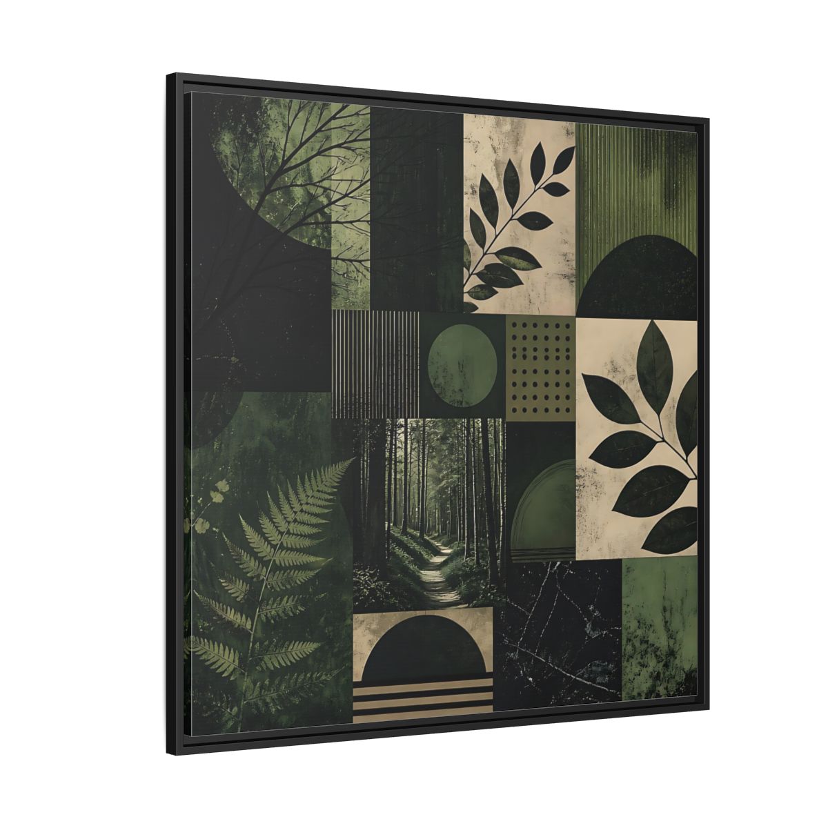 Side Mockup 6. Nature Nature Collage Green And Black shown as stretched canvas wall art