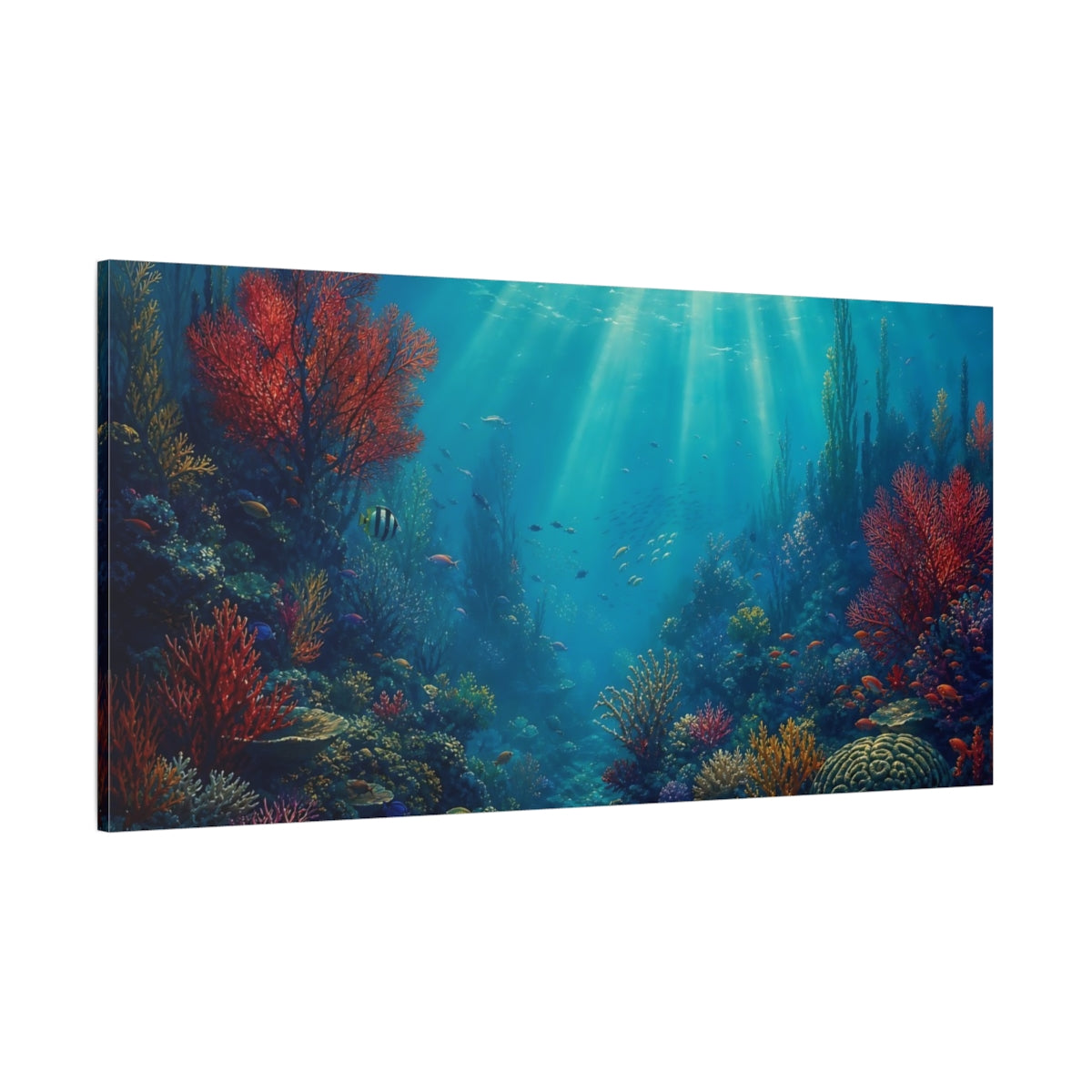 Side Mockup 2. Nature Coral Reef Vibrant Underwater shown as stretched canvas wall art