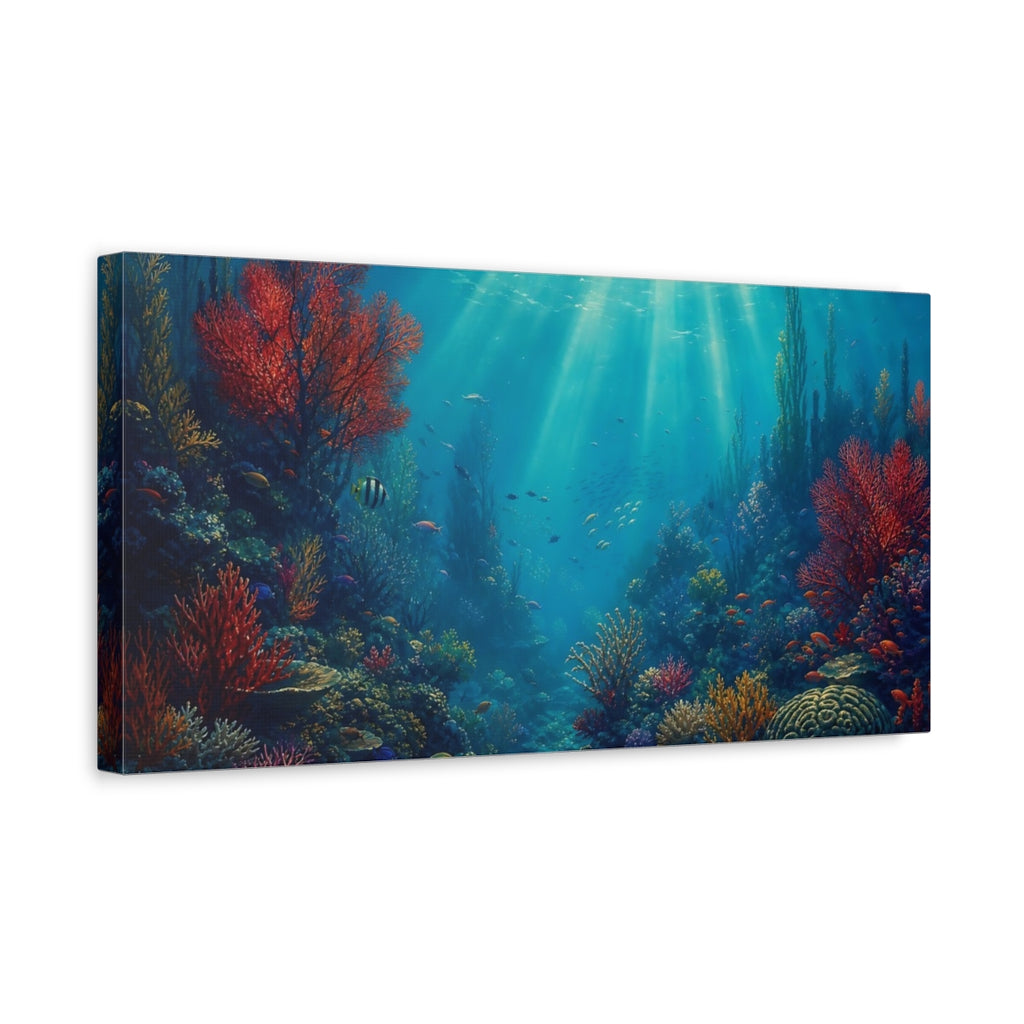 Side Mockup 3. Nature Coral Reef Vibrant Underwater shown as stretched canvas wall art