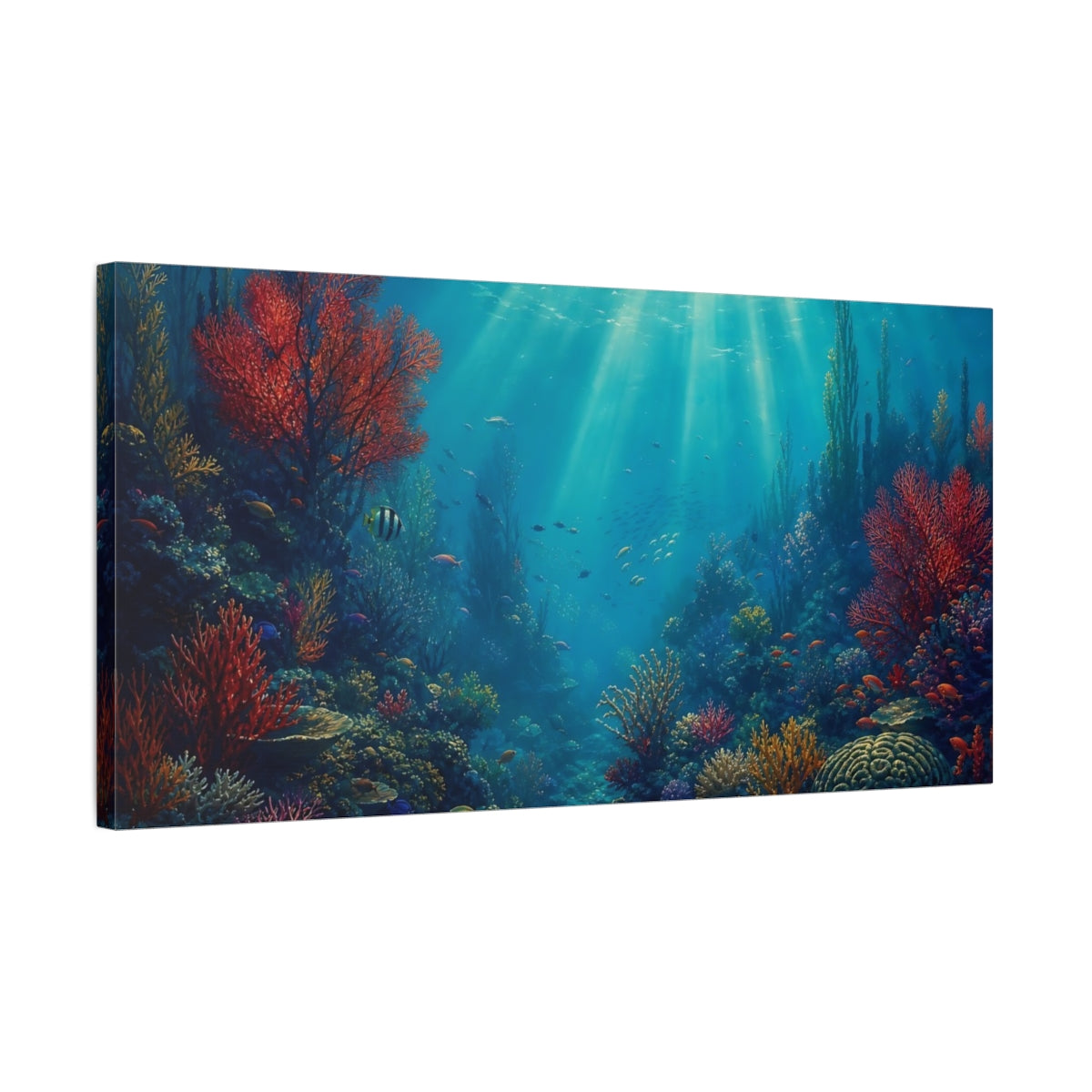 Side Mockup 1. Nature Coral Reef Vibrant Underwater shown as stretched canvas wall art