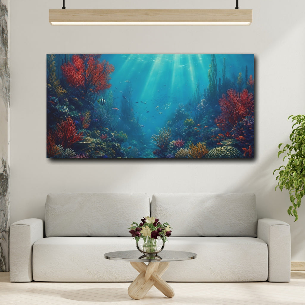 Mockup 2. Nature Coral Reef Vibrant Underwater shown as stretched canvas wall art