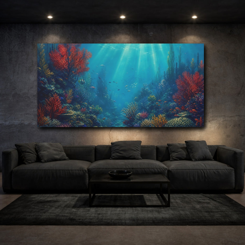 Mockup 3. Nature Coral Reef Vibrant Underwater shown as stretched canvas wall art