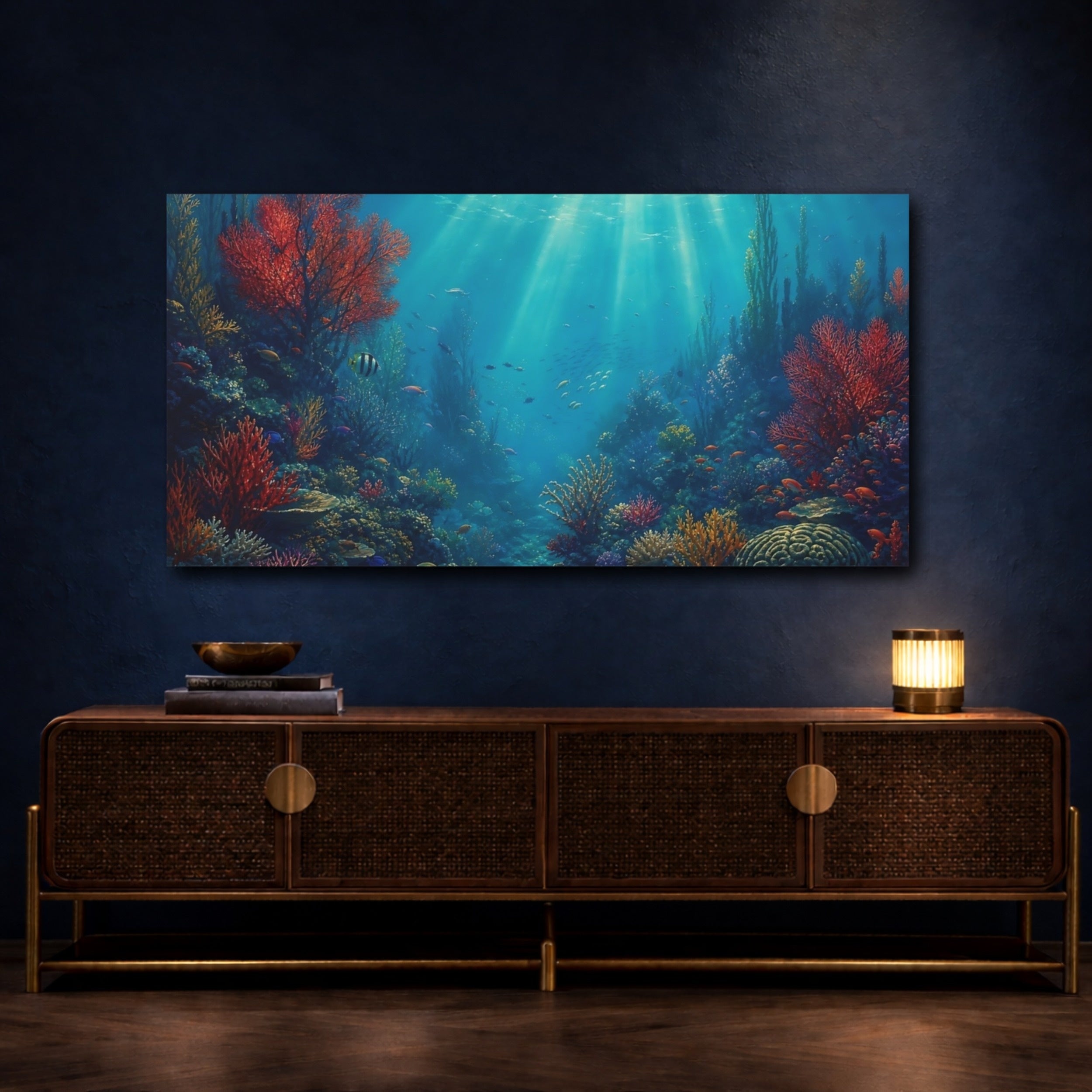 Mockup 4. Nature Coral Reef Vibrant Underwater shown as stretched canvas wall art